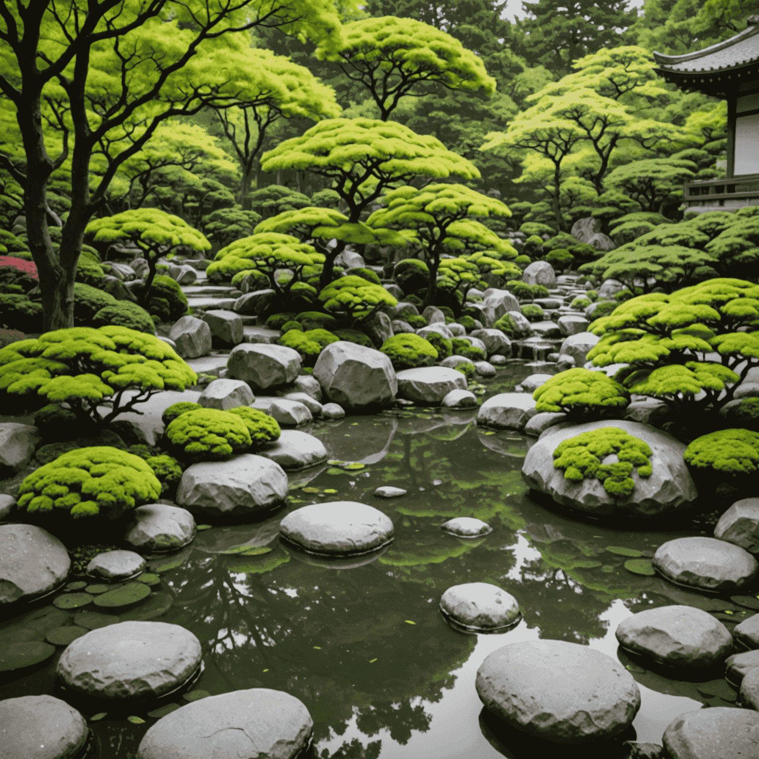 日本庭園の写真。石、水、植物が調和よく配置されている。コンテンツ制作における要素のバランスの重要性を示唆している。